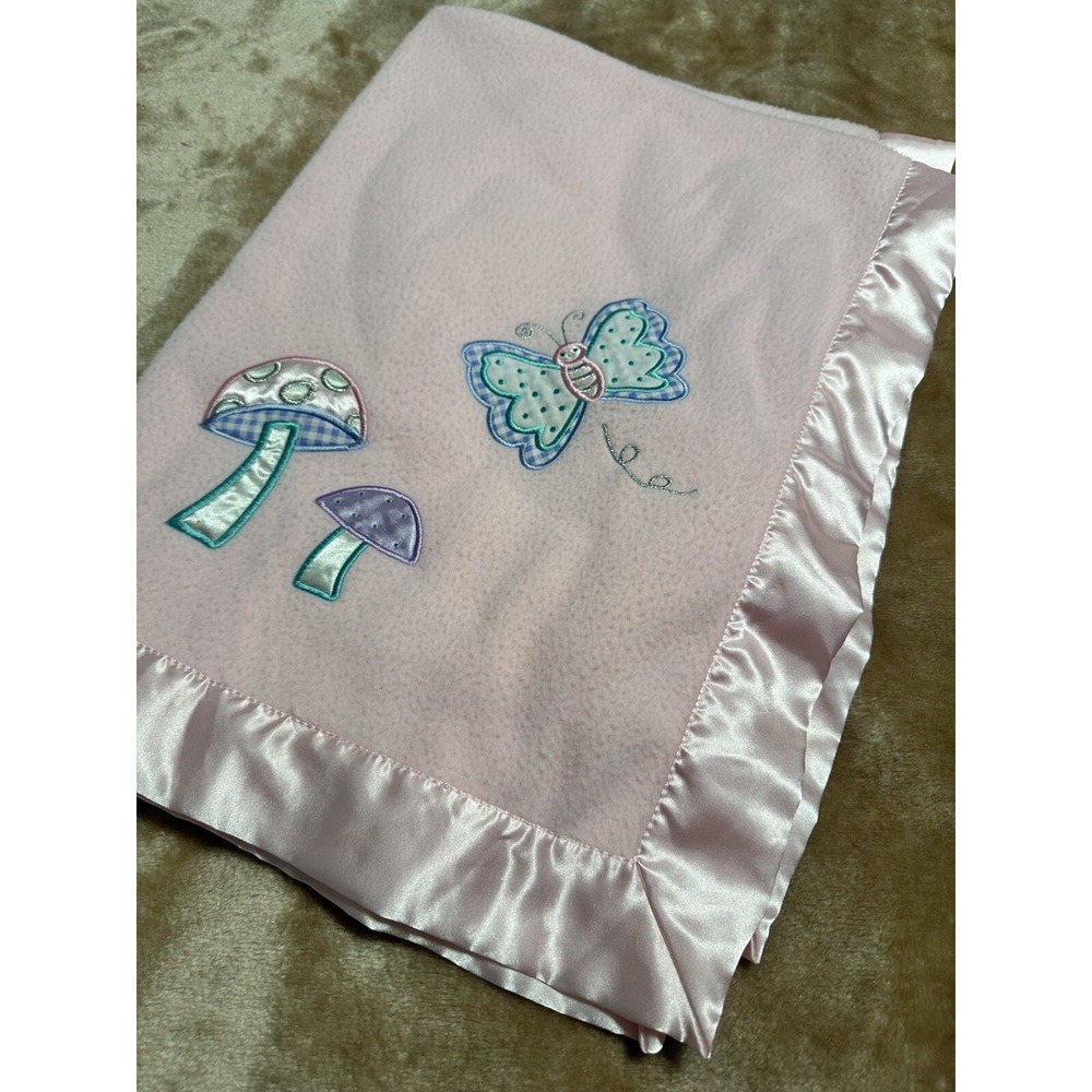 Kids Line Baby Blanket Pink Satin Trim Mushrooms Butterflies